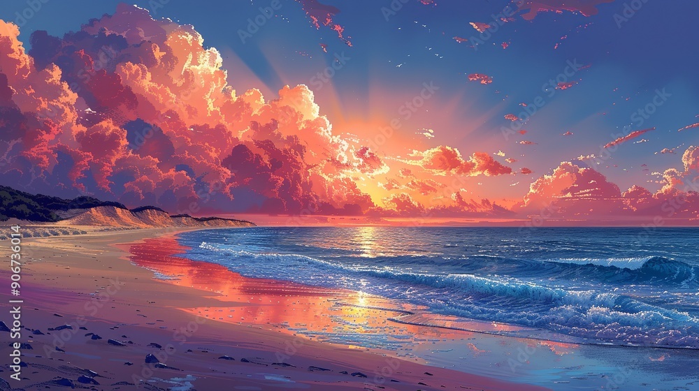 Poster Beautiful image of a beach at sunset with a clear sky transitioning to stormy weather, reflecting the effects of climate change on coastal and marine environments. high resolution Illustration, in