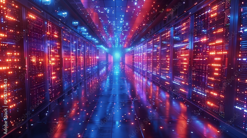 Poster a futuristic data center features illuminated servers lined up along a reflective floor, creating a 