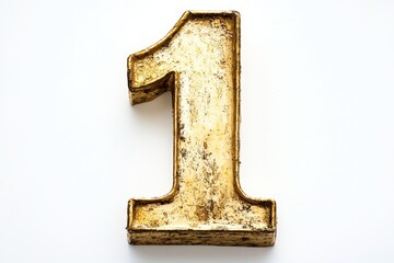 the number 1 / one made out of gold - isolated top view product photo on white background