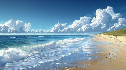 Naklejka premium Dynamic image of a beach with clear skies and gentle waves, contrasted with dark storm clouds on the horizon, reflecting the effects of climate change on coastal environments. high resolution