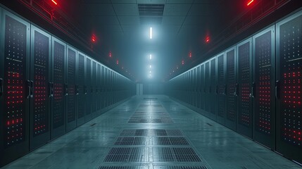 A dimly lit data center hallway features rows of server racks highlighted by red lights, creating an eerie atmosphere in the quiet space.