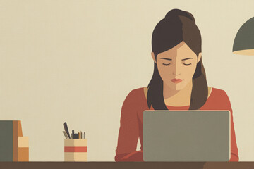 Illustration of a woman working on a laptop at a desk with office supplies and lamp