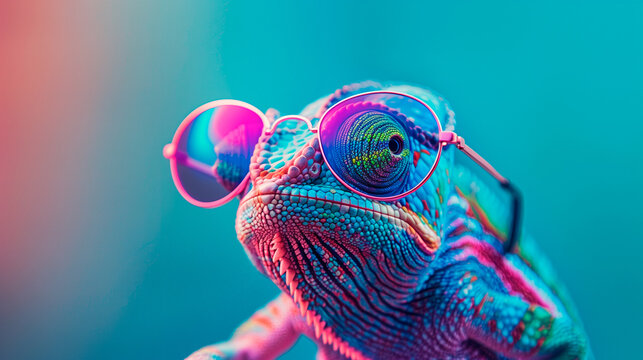 a chameleon wearing sunglasses in front of a colorful background