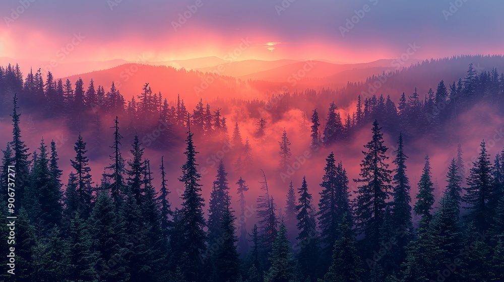 Poster Captivating image of a forest at dawn with fog and distant smoke from wildfires, emphasizing the delicate balance of nature amidst increasing climate challenges. high resolution Illustration, in the