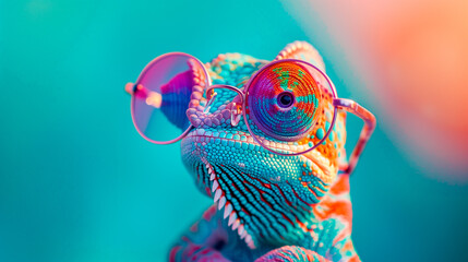 a chameleon wearing sunglasses in front of a colorful background