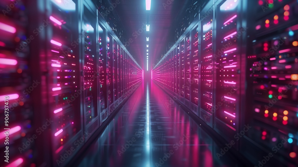 Poster rows of illuminated servers create a futuristic atmosphere in a high-tech data center at night.
