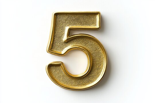 the number five / 5 made out of gold - isolated top view product photo on white background