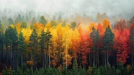 Fototapeta premium Captivating photograph of a forest transitioning from lush summer green to vibrant autumn colors with a smoky backdrop, illustrating the impact of climate change on seasonal shifts. high resolution