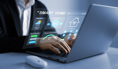 Technology assistant for smart devices,intelligent house or smart home technology.Business person using digital dashboard of smart home app for control home appliances. 