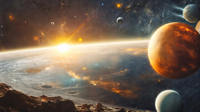 Space fantastic landscape with planets of a star system like solar. Poster 16:9.
