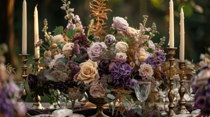 A stunning floral arrangement featuring brown and lavender blooms enhances the romantic atmosphere at an outdoor wedding reception, surrounded by beautiful candlelight