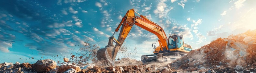 Heavy Construction Excavator at Work on a Sunny Day with Dramatic Sky and Clouds in the Background