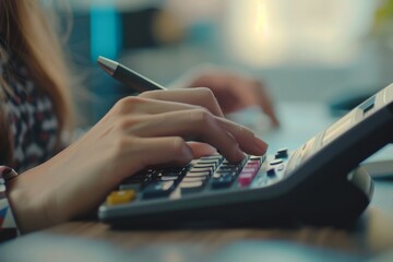 Fototapeta premium The hands of a manager calculate with a calculator in the office