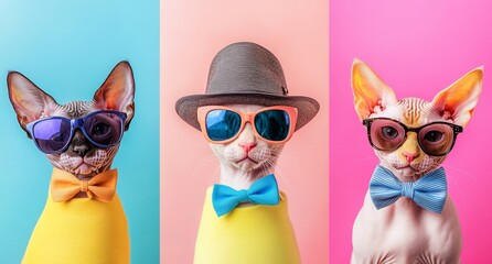 A group of Devon Rex cats in wacky mismatched outfits on a bright background advertisement. Copy space for an invitation to a birthday party.