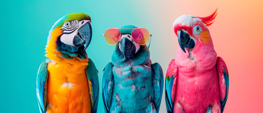 a cockatoo and two parrots wearing sunglasses in front of a colorful background