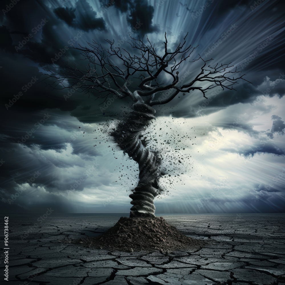 Poster a tree is shown in a desolate landscape with a storm in the background. the tree is twisted and brok