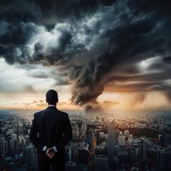 A man in a suit is looking out over a city with a large cloud of smoke in the distance. Scene is ominous and foreboding, as the man seems to be contemplating the destruction that the smoke represents