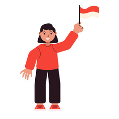 Woman holding a flag of Indonesia. Vector Illustration