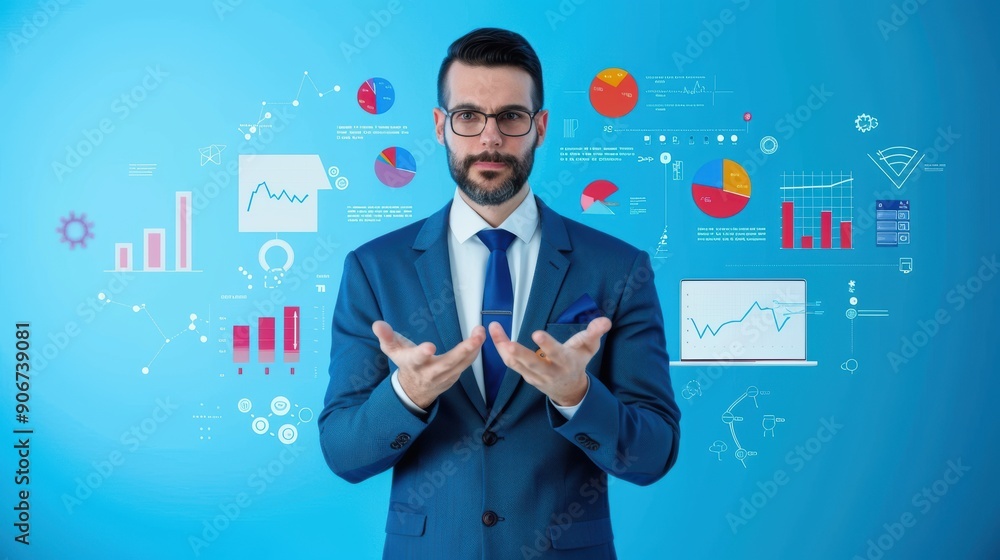 Poster a man in a suit is standing in front of a wall of graphs and charts. he is holding his hands out in 