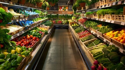 A grocery store with aisles full of fresh produce. Scene is bright and cheerful, as the produce is colorful and abundant