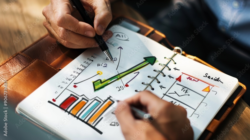 Poster a person is drawing a graph in a notebook with a pen. the graph shows a positive trend, and the pers