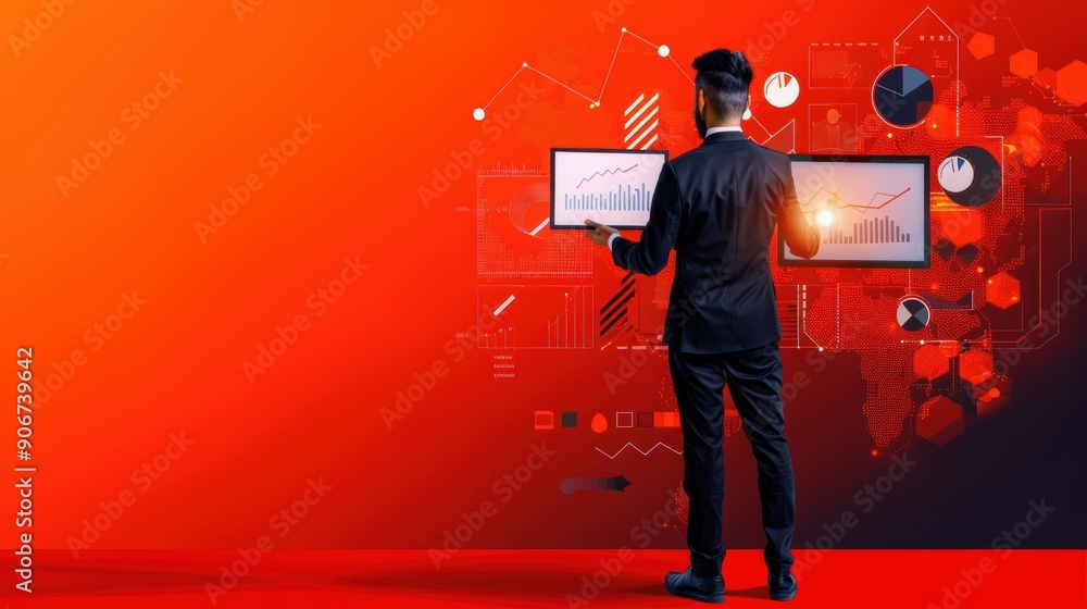 Poster a man in a suit is looking at a computer screen with a red background. concept of focus and determin