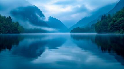 Fototapeta premium Low fog is floating over a lake reflecting mountains and a blue sky