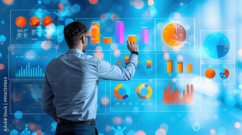 Aufkleber a man is touching a screen with a lot of graphs on it. the graphs are colorful and seem to be relate