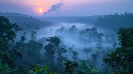 Obraz premium Mesmerizing photograph of a forest at dawn with fog and distant smoke, capturing the impact of climate change on natural habitats and the delicate balance of nature. high resolution Illustration, in