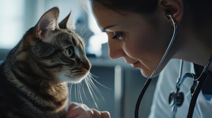 Female doctor is examining a kitten at a veterinary clinic