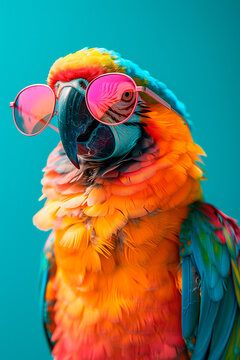 a parrot wearing sunglasses in front of a colorful background