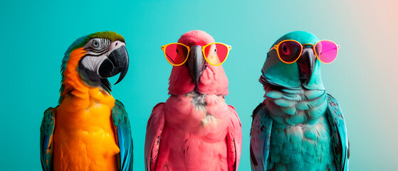 three parrots wearing sunglasses in front of a colorful background © HUMANIMALS