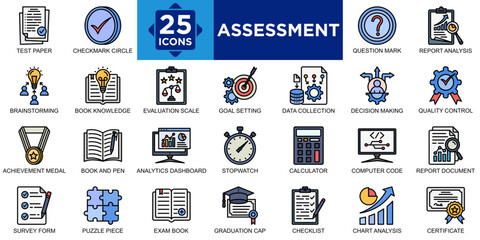 assessment, analysis, business, evaluation, service, finance icon set. Outline icons collection. Simple vector illustration