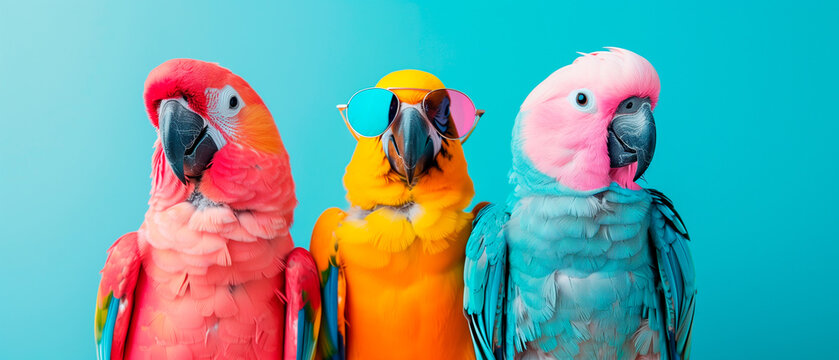 three parrots wearing sunglasses in front of a colorful background