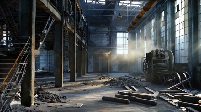 Abandoned Industrial Warehouse with Sunlight Streaming Through Windows and Debris on the Floor