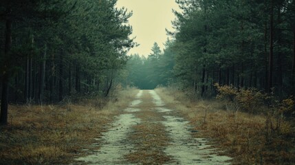Fototapeta premium Forgotten Pathways: Mysterious Abandoned Road in Enigmatic Pine Forest
