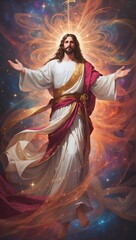 Jesus appears in the sky, bathed in heavenly light, his arms open in a gesture of peace and love.