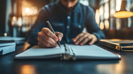 A left-handed person writing in a notebook with a pen, seated at a desk in a well-lit room. The focus is on their left hand, which is gripping the pen. The desk is clutter-free, and there is ample