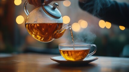 A left-handed person pouring tea from a teapot into a cup. The left hand is clearly visible holding the teapot handle. The background is softly blurred to provide ample copy space.