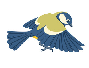 Cute tit bird in motion. Cartoon animal design, stylized bird with blue and yellow feathers. Vector illustration isolated on white background