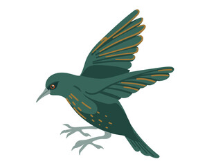Cute starling bird in flight. Cartoon animal design, stylized bird with dark green feathers and light spots. Vector illustration isolated on white background