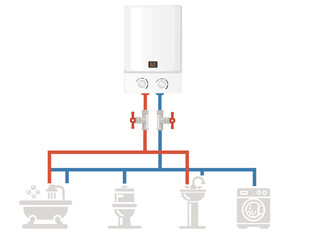 Diagram of a water heater's connections to household appliances such as a bathtub, toilet, sink, and washing machine. Hot and cold water pipes with valves. Vector illustration isolated
