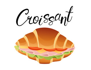 Tasty croissant with lettuce, tomato, meat, and cheese delicious dish. Elegant handwritten label, ideal for bakery menus and culinary art or guides. Vector illustration isolated on white background