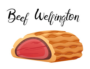 Tasty cuisine beef wellington. Delicious dish with handwritten label, making it ideal for gourmet recipes and culinary presentations. Vector illustration isolated on white background