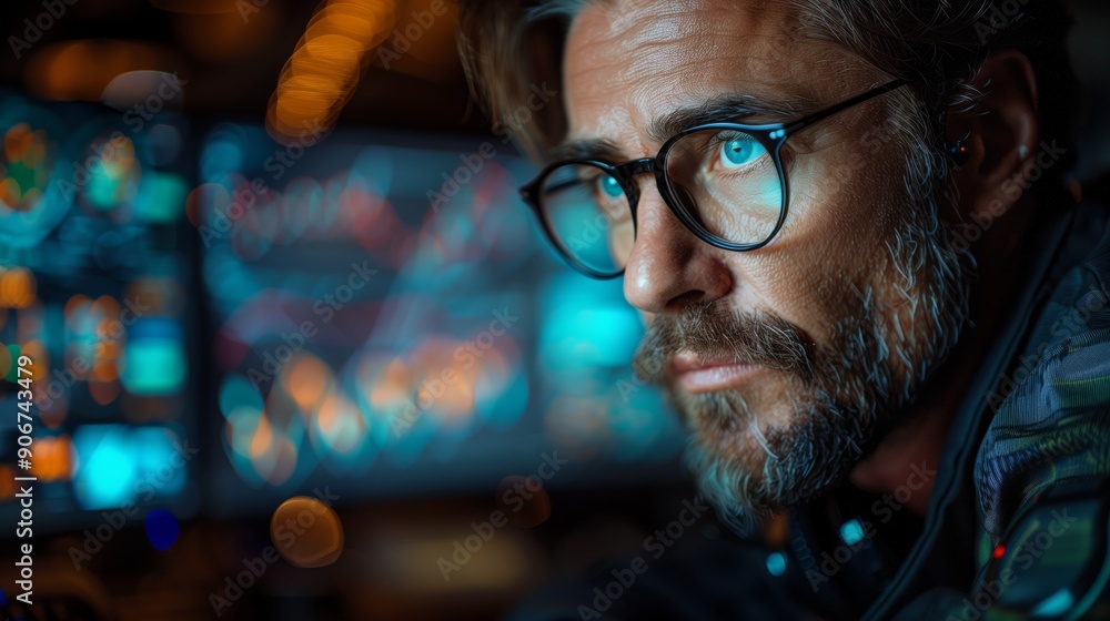 Poster focused data analyst at work. close-up of a data analyst with glasses, intently working on a compute