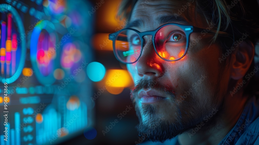 Aufkleber financial analyst reviewing data. portrait of a financial analyst with glasses, analyzing colorful c