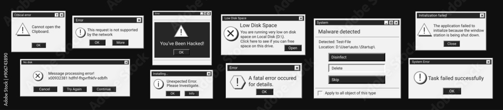 Poster set of error window messages in black color. warning dark digital messages in old style.