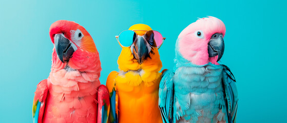 three parrots wearing sunglasses in front of a colorful background