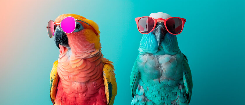 two parrots wearing sunglasses in front of a colorful background