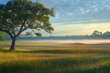 Tranquil Morning Mist in a Lush Meadow